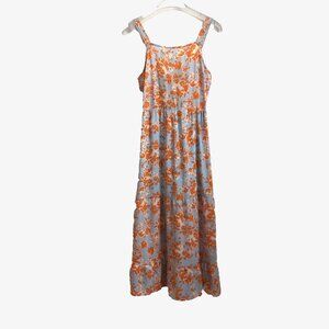 Jessica Simpson Floral Peasant Tank Dress Long Sheer Tie Back Blue Orange Medium